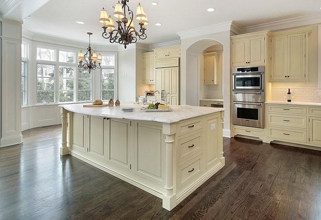 wood-look laminate floors in bright, airy kitchen in Goshen